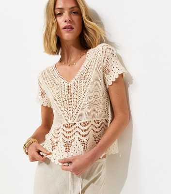 Cream Cotton Crochet V Neck Top