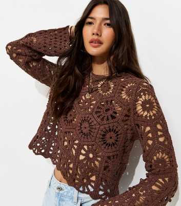 Dark Brown Crochet Knit Semi Sheer Long Sleeve Top