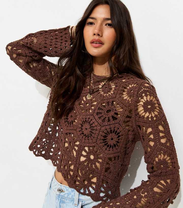 Dark Brown Crochet Knit Semi Sheer Long Sleeve Top