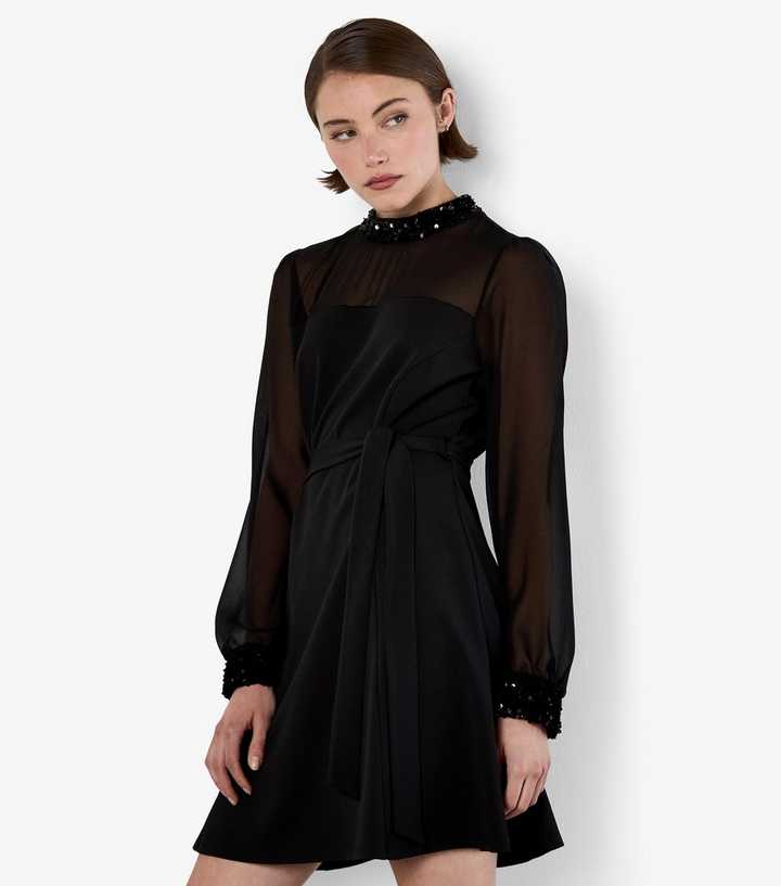apricot black sequin dress Sequin Puff Sleeve Black Long Sleeve Party Dress