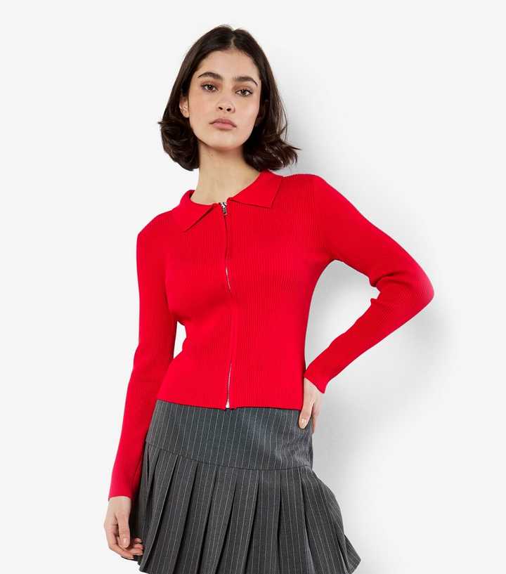 Apricot Red Zip Through Cardigan