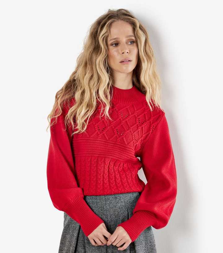 Apricot Red Multicable Mock Neck Jumper