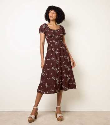 Blue Vanilla Brown Floral Embroidery Milkmaid Midi Dress