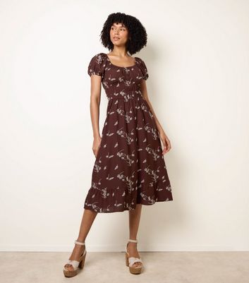 Blue Vanilla Brown Floral Embroidery Milkmaid Midi Dress | New Look Blue Vanilla Brown Floral Embroidery Milkmaid Midi Dress | New Look
