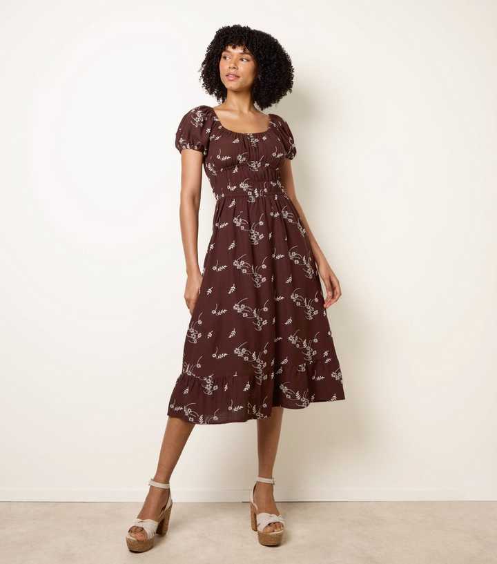 Blue Vanilla Brown Floral Embroidery Milkmaid Midi Dress