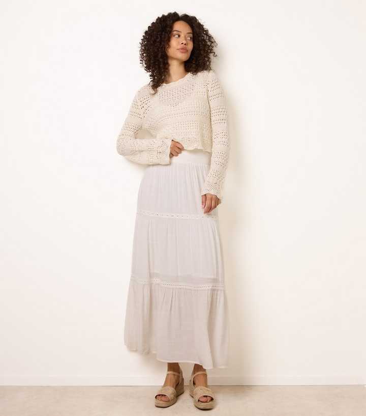 Blue Vanilla White Crochet Lace Trim Maxi Skirt
