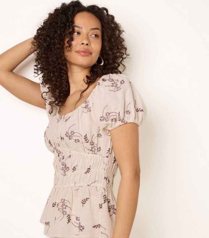 Blue Vanilla Stone Floral Embroidered Peplum Blouse