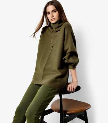 Apricot Dark Khaki Roll Neck Oversized Batwing Jumper