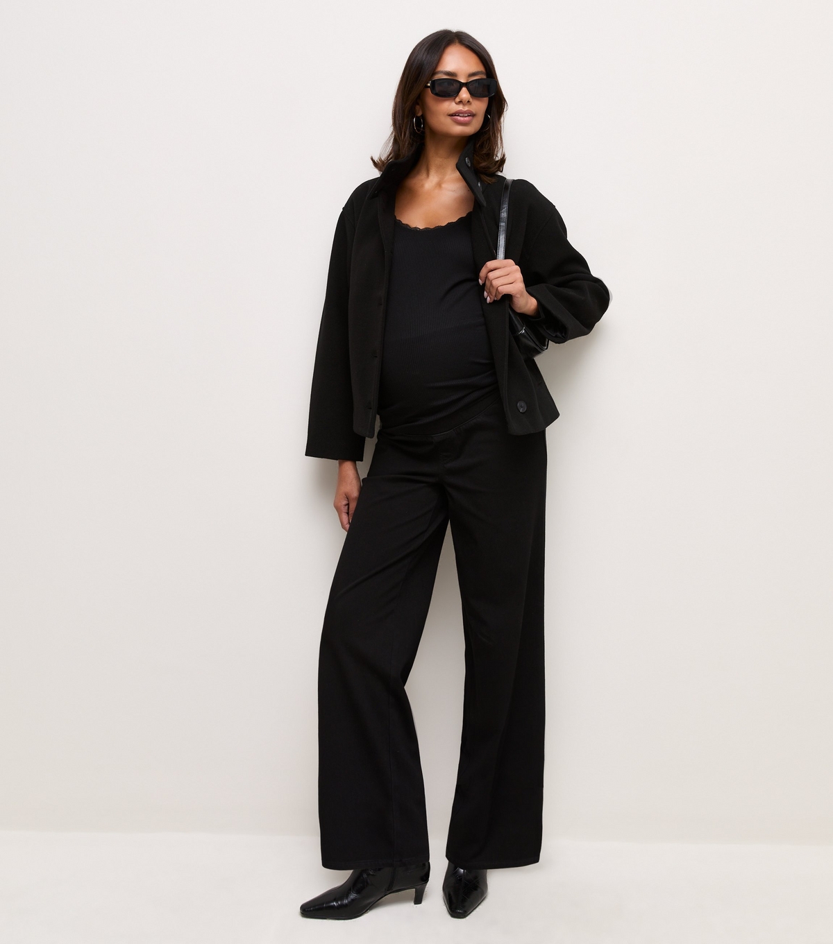 Women's Maternity Black Stretch Denim Wide Leg Over Bump Jeans New Look