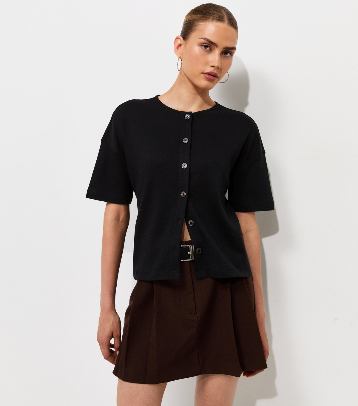 Women's Premium Black Heavyweight Cotton Button Through T-Shirt New Look