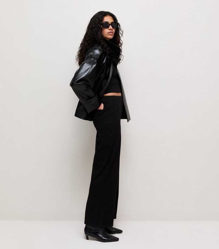 Black Stretch Denim Jersey Pull On Wide Leg Jeans