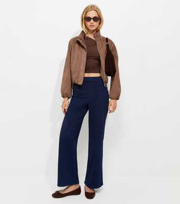 Dark Blue Stretch Denim Pull On Wide Leg Jeans