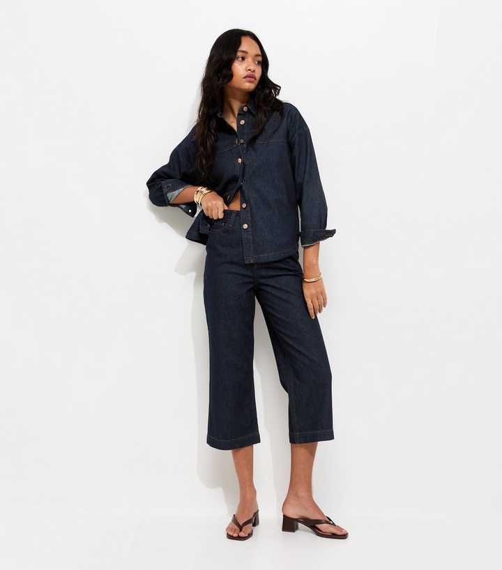 Navy Adalae Cropped High Waisted Wide Leg Jeans