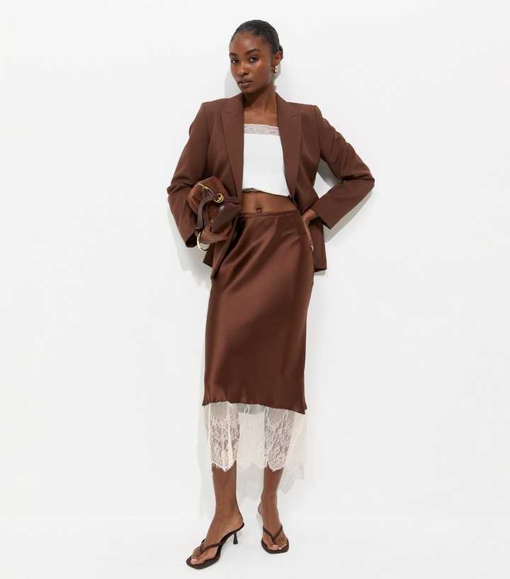 Dark Brown Satin Lace Hem Bias Cut Midi Skirt