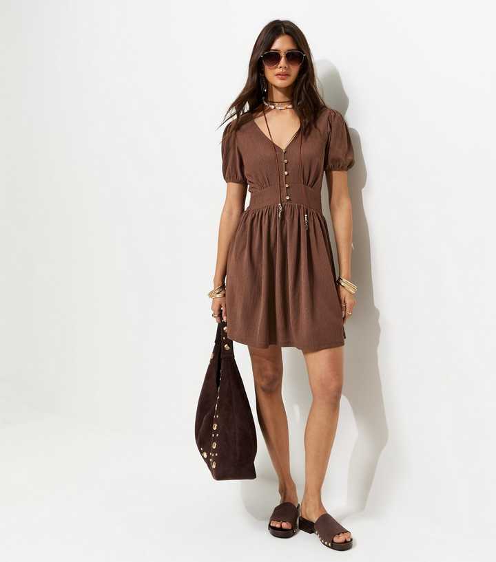 Brown Crinkle Texture V-Neck Button Front Mini Dress | New Look