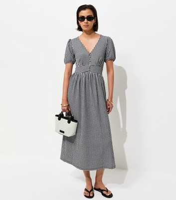 Black Crinkle Texture Gingham Button Front Short Sleeve Midi Dress