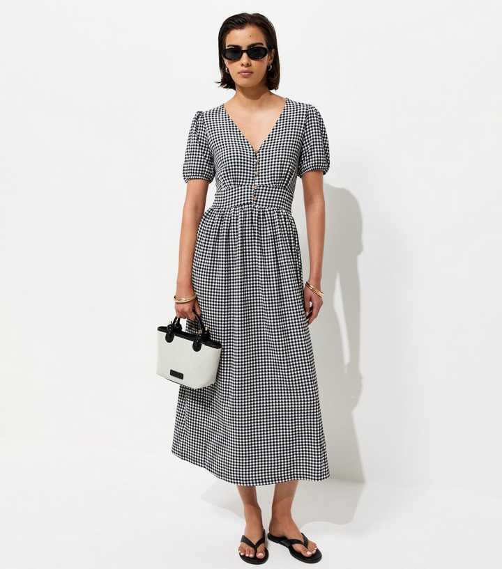 Black Crinkle Texture Gingham Button Front Short Sleeve Midi Dress