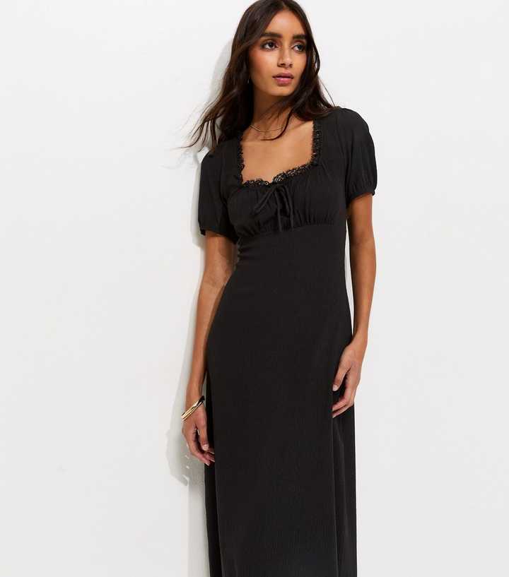 Black Crinkle Short Sleeve Milkmaid Midi Dress