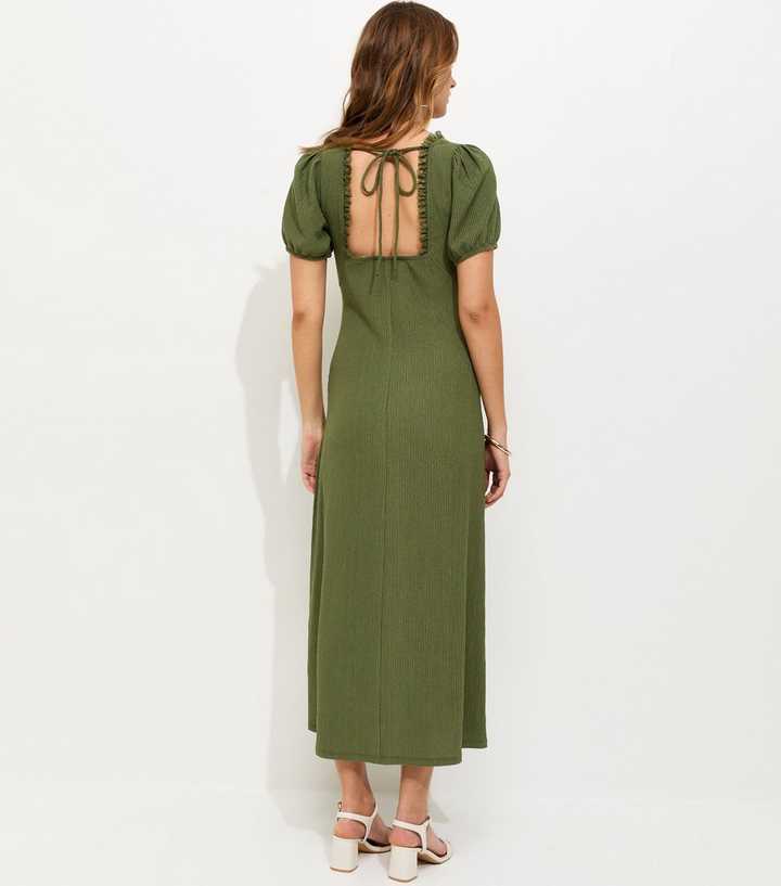 Dark Khaki Crinkle Texture Short Sleeve Milkmaid Midi Dress | New Look Dark Khaki Crinkle Texture Short Sleeve Milkmaid Midi Dress | New Look