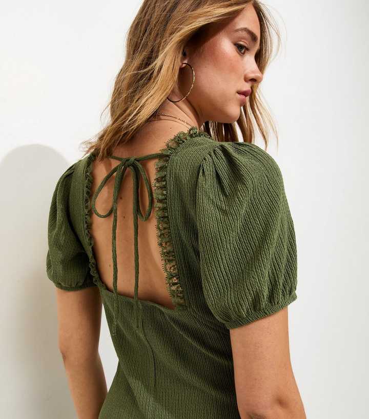 Dark Khaki Crinkle Texture Short Sleeve Milkmaid Midi Dress | New Look Dark Khaki Crinkle Texture Short Sleeve Milkmaid Midi Dress | New Look