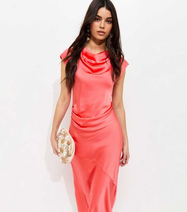 Coral Relaxed Satin Cowl Neck Midi Dress