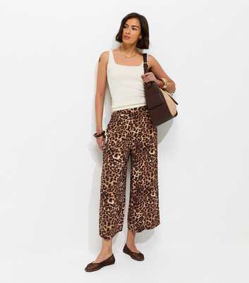Brown Animal Print Cropped Wide Leg Trousers