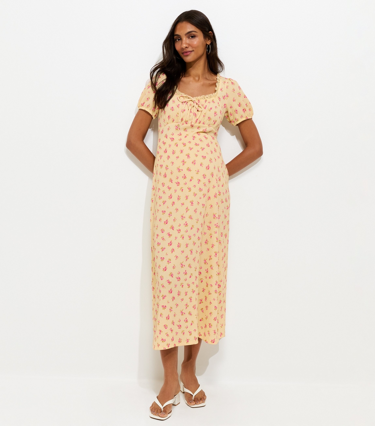 Women's Maternity Light Yellow Ditsy Milkmaid Midi Lace Trim Midi Dress New Look
