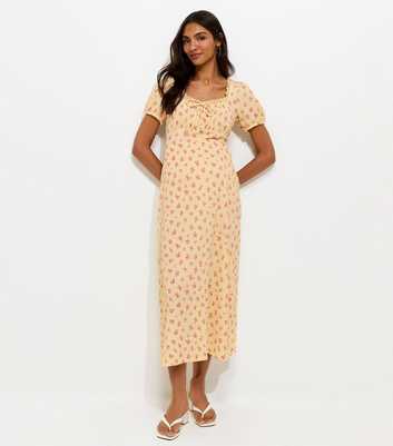 Maternity Light Yellow Ditsy Milkmaid Midi Lace Trim Midi Dress
