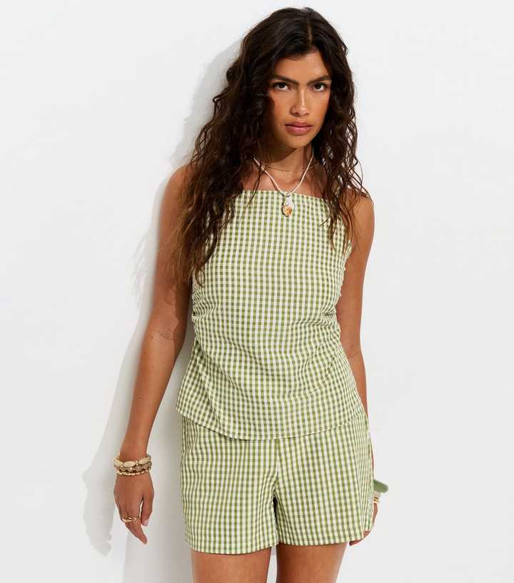 Green Gingham Print Shorts