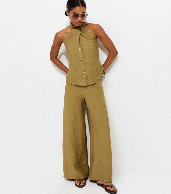 Light Khaki Crinkle Wide Leg Trousers