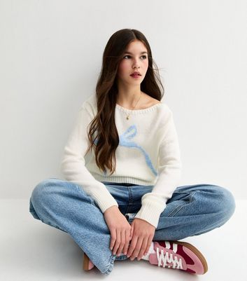 Girls Cream Slash Neck Bow Jumper