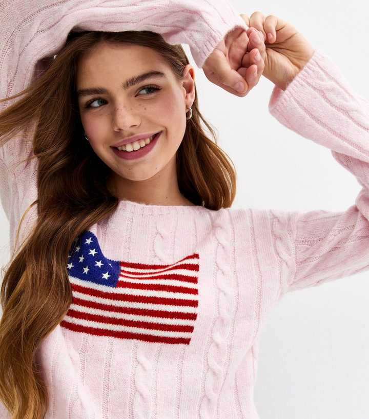 Girls Light Pink Cable Knit American Flag Jumper