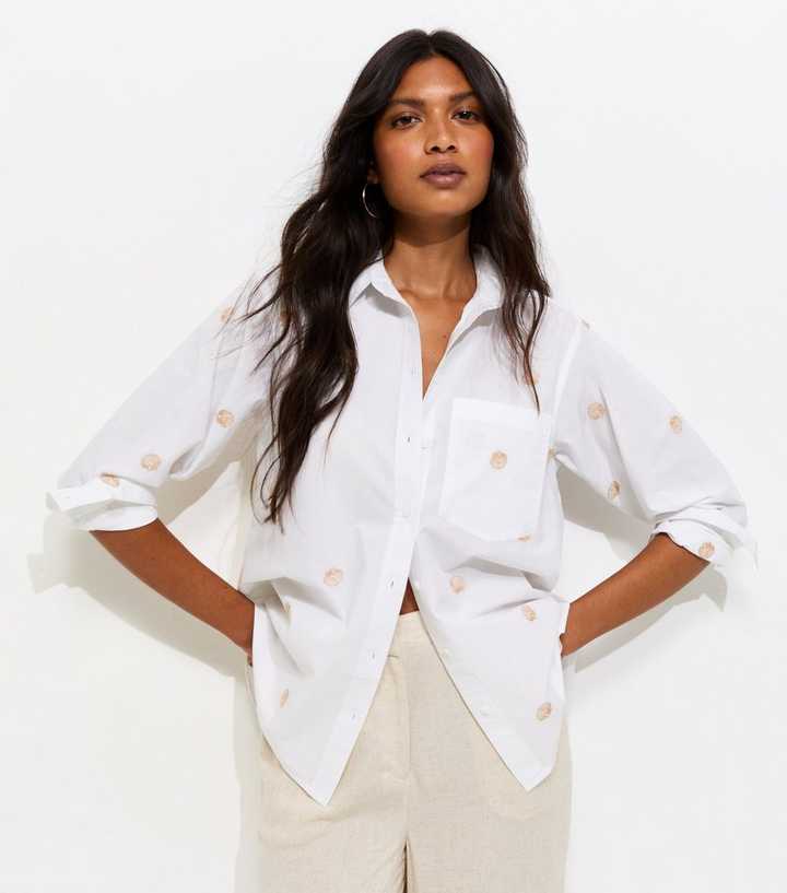 White Cotton Embroidered Shell Long Sleeve Shirt