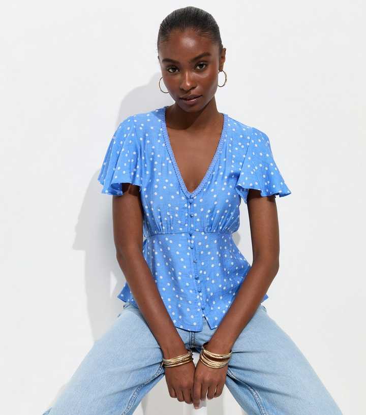 Blue Crinkle Texture Spot Print V-Neck Tea Blouse