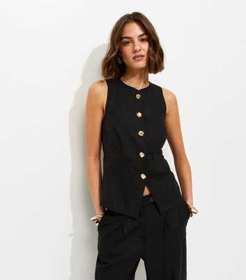 Black Linen Rich Gold Tone Button Up Waistcoat