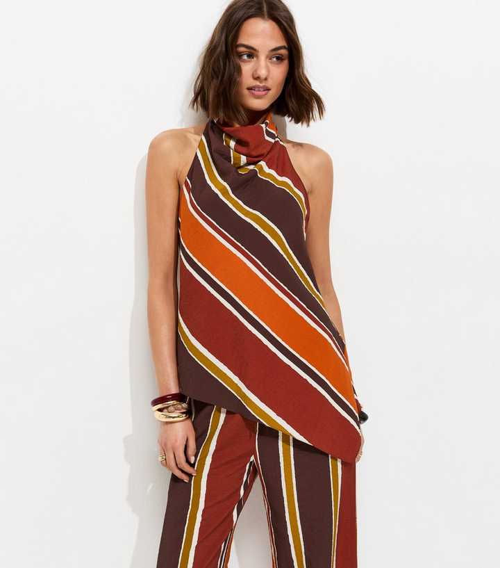 Brown Diagonal Stripe Cowl Neck Asymmetric Top