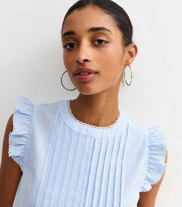 Blue Striped Pintuck Sleeveless Blouse