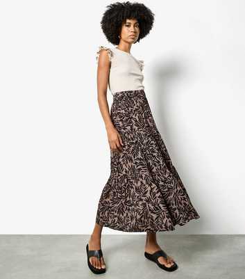 Apricot Brown Tiered Leaf Print Midi Skirt