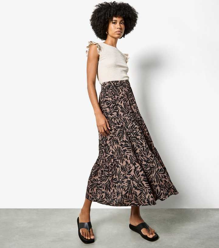 Apricot Brown Tiered Leaf Print Midi Skirt