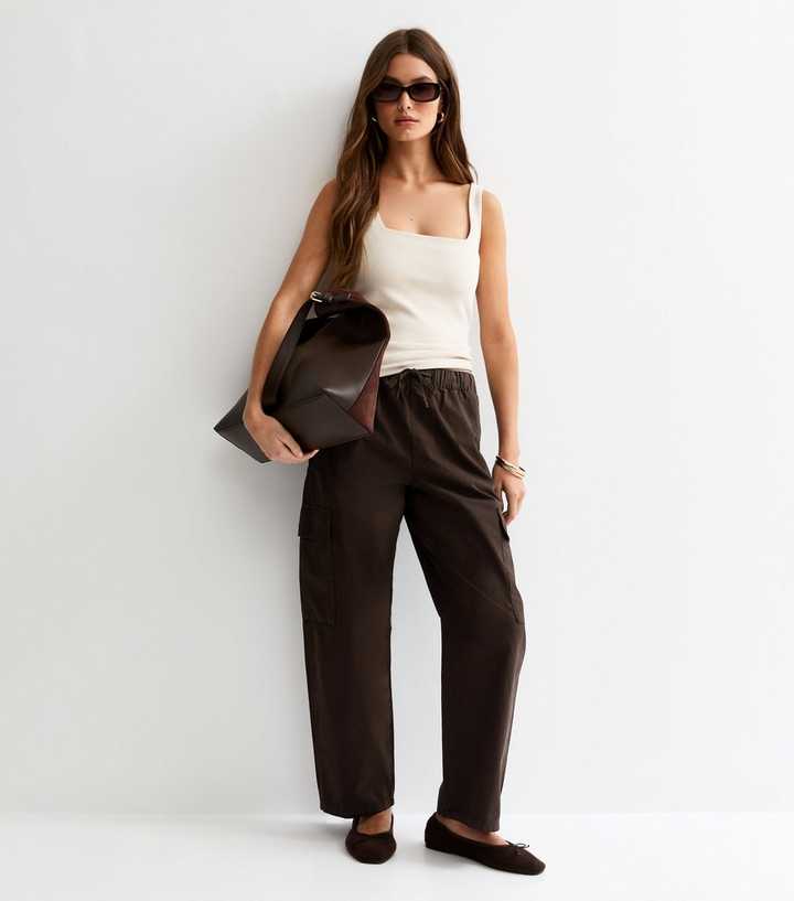 Dark Brown Barrel Leg Cargo Trousers