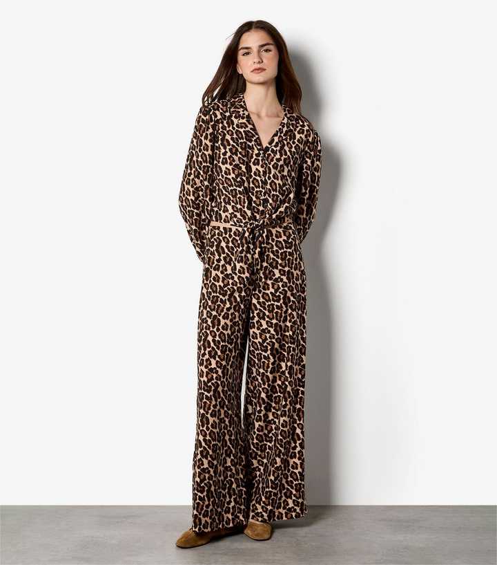 Apricot Brown Leopard Print Wide Leg Trousers