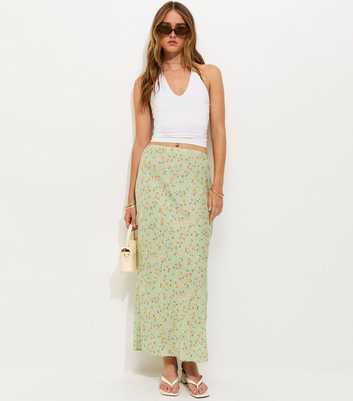 Light Green Floral Bias Cut Midi Skirt