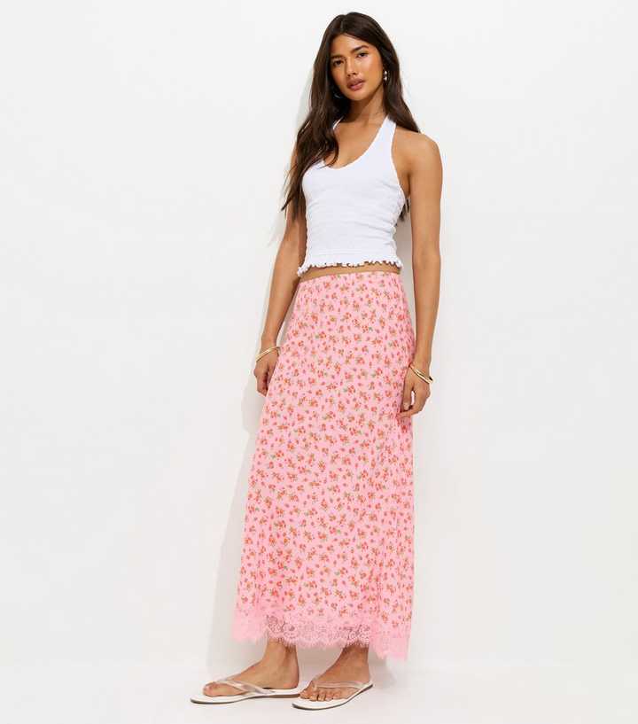 Pink Floral Print Lace Hem Maxi Skirt