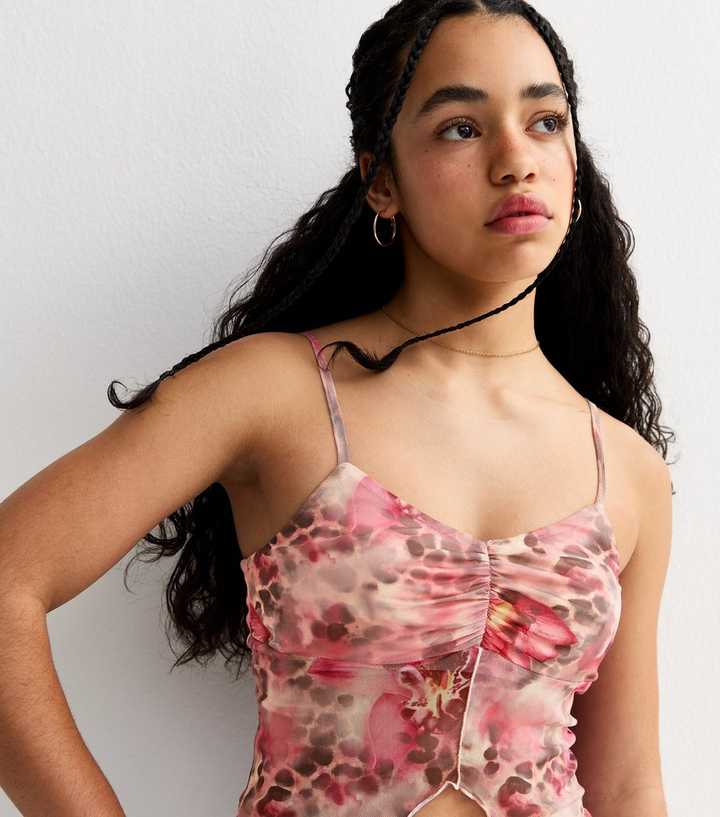 Girls Brown Leopard Floral Print Mesh Split Hem Cami Top