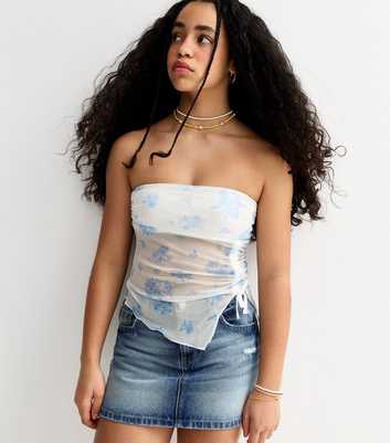 Girls White Butterfly Hem Floral Print Mesh Bandeau Top