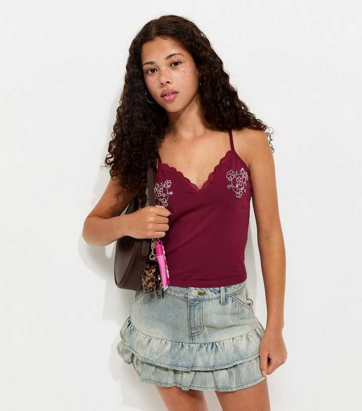 Girls Dark Burgundy Beaded Fitted Cami Top