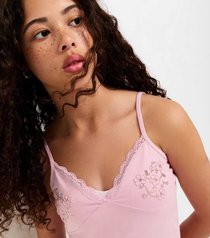 Girls Light Pink Beaded Fitted Cami Top