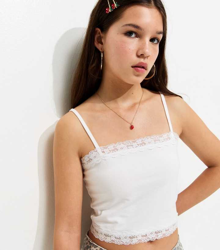 Girls White Lace Trimmed Cami Top
