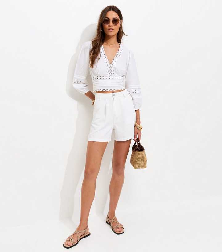 White Denim Pleated Shorts