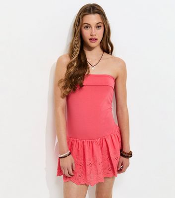 Girls Coral Fold Over Broderie Skirt Dress